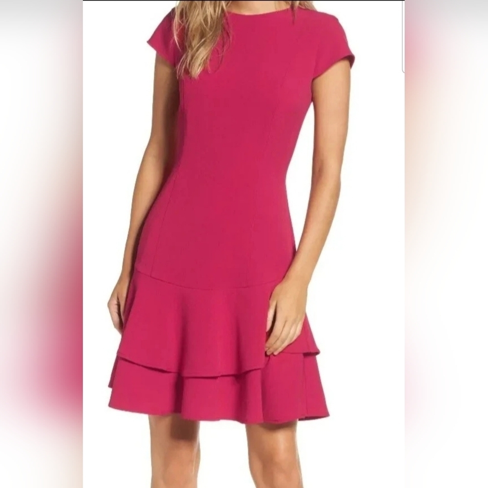 Eliza J Fuchsia Pink Tiered Ruffled Hem Sheath Crepe Cap Sleeve Dress Size 10P